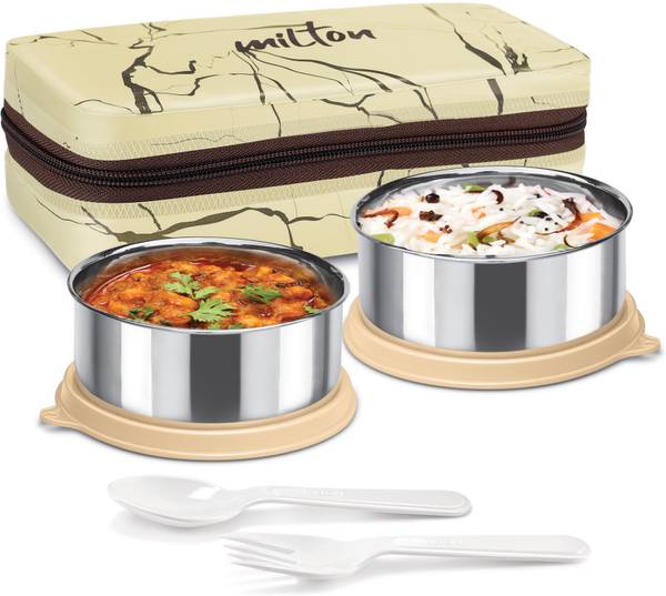 MILTON Mini Lunch Prime with Bag 2 Stainless Steel Container 300ml Each & Cutlery Beige 2 Containers Lunch Box