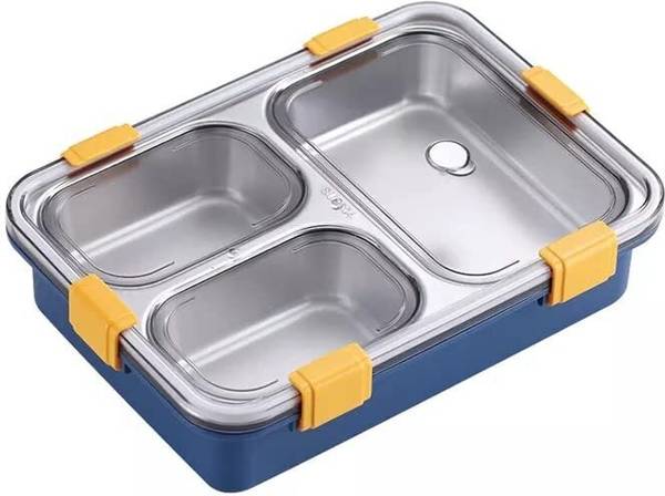 Kello SS Lunch Box with Fork & Spoon Lid of 3 Compartment for School Kids and Adults 3 Containers Lunch Box
