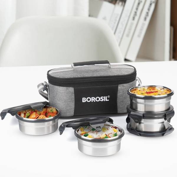 BOROSIL Feast Lunch Box with Bag, 4 Pc (400ml x 4) Stainless Steel Office Tiffin 4 Containers Lunch Box