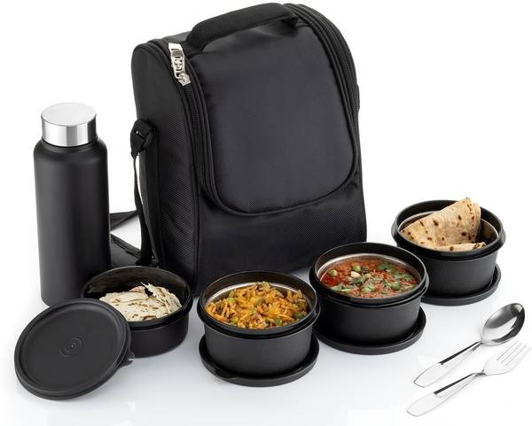 nariya 4 CONTAINER, 1 STEEL BOTTLE AND SPOON SET IN LUNCHBOX IN BLACK WITH BAG 5 Containers Lunch Box