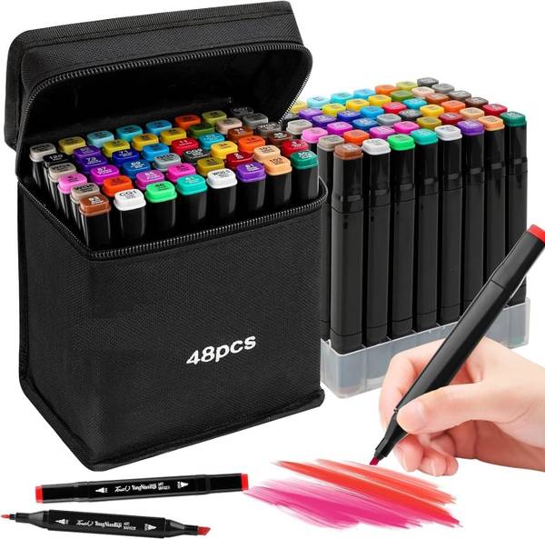 Akvanar 48 PCS Markers Dual Tip Art Markers With Carrying Case For Painting Sketching