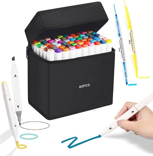 Wynhard 60 Pcs Color Marker Dual Tipped Alcohol Markers Pen Set Art Dual Marker Pen