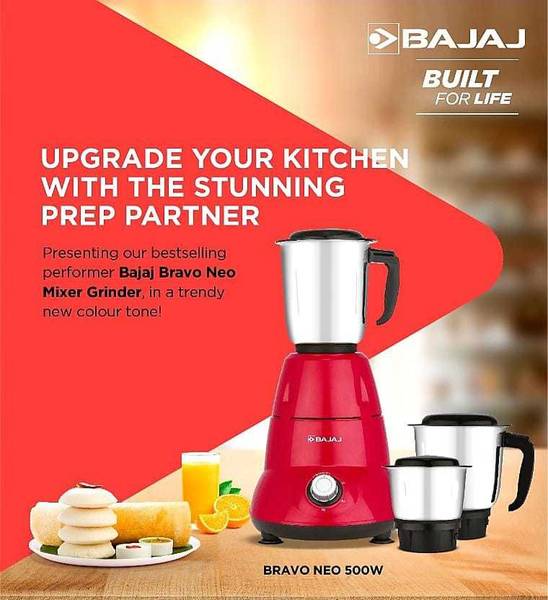 BAJAJ Bravo Neo (410573,Red) With 500 Watt Powerfull Motor 500 Mixer Grinder (3 Jars, Red)