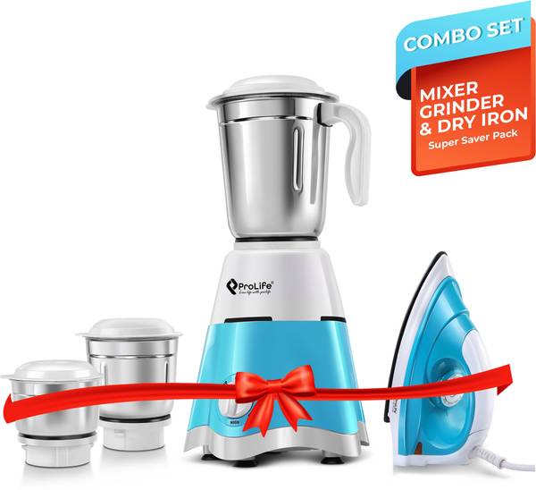 PROLIFE Elite Dlx with Apollo 1100 W Dry Iron 750 W Juicer Mixer Grinder (3 Jars, White, Green)