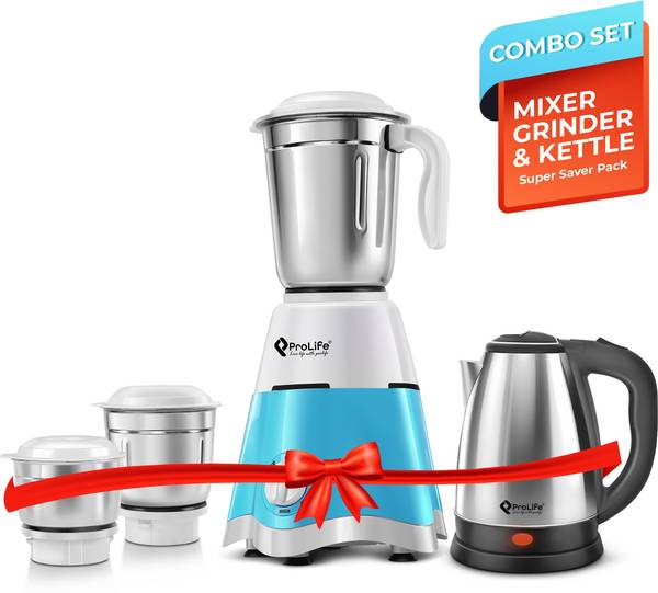 PROLIFE Elite Dlx with Pride 2L Electric Kettle (2l) 750 W Mixer Grinder (3 Jars, White, Green)