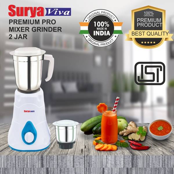 SURYAVIVA Premium Pro 2 jar Mixer Grinder 500 Watt Premium Series 500 Mixer Grinder (2 Jars, Blue)