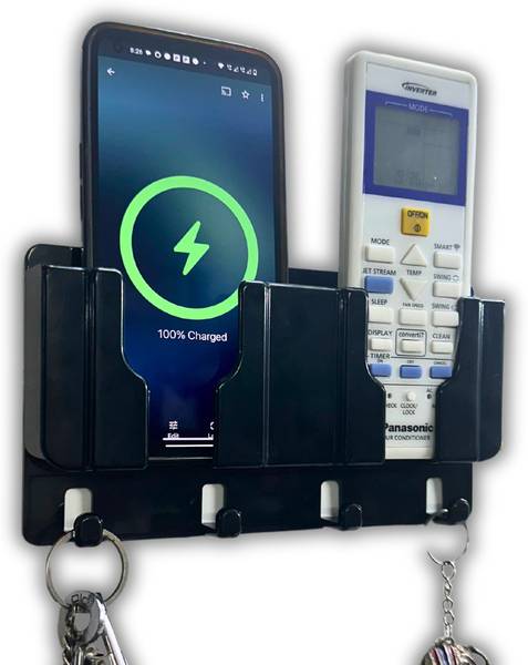 thekiteco. Wall Mount Mobile/Remote Stand with Space for 2 Mobiles & Key Hanger - Black Mobile Holder