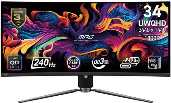 MSI 86.36 cm (34 inch) Curved UWQHD OLED Panel with DisplayHDR True Black 400, CLEAR MR13000, 139.1% SRGB, Smart Crosshair, Height Adjustable Gaming M...