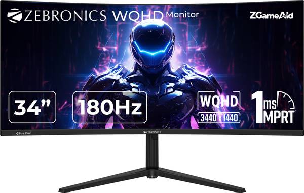 ZEBRONICS 86.36 cm (34 inch) Curved WQHD VA Panel 350 Nits Brightness, HDR10, 99% sRGB, 92% DCI-P3, 2 x DP, 2 x HDMI, 1 x 3.5mm UltraWide Gaming Monit...