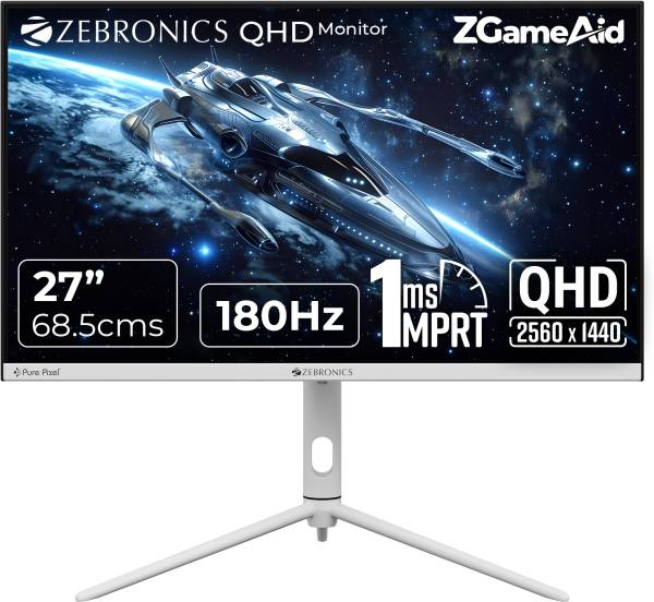 ZEBRONICS 68.58 cm (27 inch) Quad HD VA Panel with 300 Nits Brightness, HDR10, 99% sRGB, 93% DCI-P3, 2 x DP, 2 x HDMI, 1 x 3.5mm Anti-glare Display Ga...