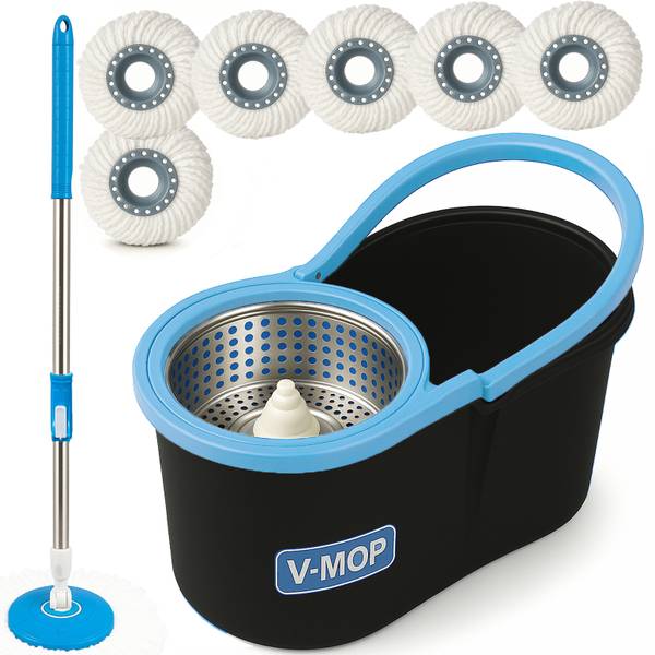 THUNDER FIT START FRESH MOP BUCKET - BLACK STEEL SPIN MOP WITH 6 REFILLS FOR ALL CLEANING FLOORS Bucket, Cleaning Wipe, Dustbin, Mop, Mop Set