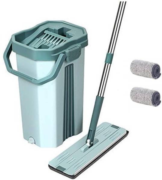 Upkaranwale UPKARANWALE Green flat mop and bucket set Floor Cleaning System - 360 Dry Wet Reusable Dust Mop with 2 Soft Refill Pads & Handle ( 38 * 13...