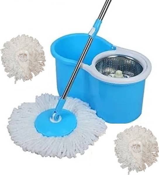 Ayush Premium Steel Basket 360 Self Spin with Rotating Head with 2 extra refill Mop Set