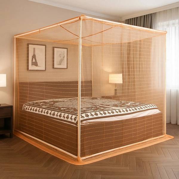 BITE-FREE Cotton Adults Washable ZigZag Wave Embroidery Premium Foldable Superior Airflow King Size Double Bed Mosquito Net