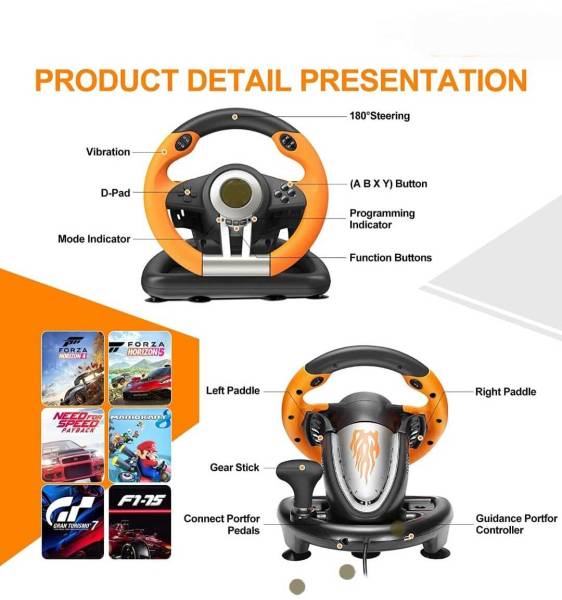 Clubics V3Steering Wheel and Pedals with Brake Pedal Set Car Racing Controller Game 9 Motion Controller