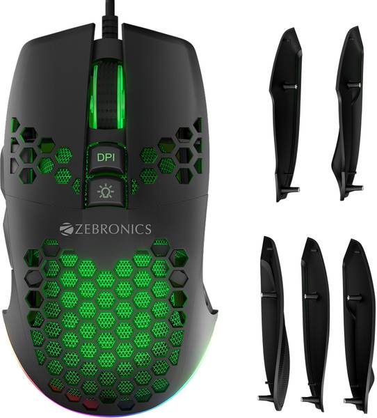 ZEBRONICS Crosshair Wired Ambidextrous Optical Gaming Mouse Premium Gaming Mouse with 7200 DPI, Magnetic Side Plates, RGB