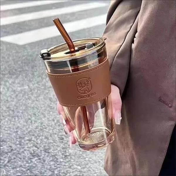 JUGABELY Glass Travel Tea and Coffee Fruit Juice Milk Sipper Tumbler with Straw & Lid Glass Tumbler