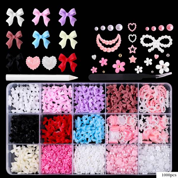 Zibuyu 1000 PCS Nail Charms and Flatback Pearls Set 18 Colors Nail Bows Charm
