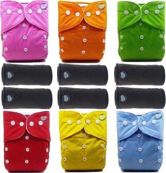 little monkeys Baby Cloth Pocket Diapers , Reusable Washable Adjustable Snap Buttons Waterproof Nappies for Newborn Infants with Wet-Free Insert Pad-(0-12 Months)(Combo of 6 Cloth Diapers+6 bamboo charcol Inserts)