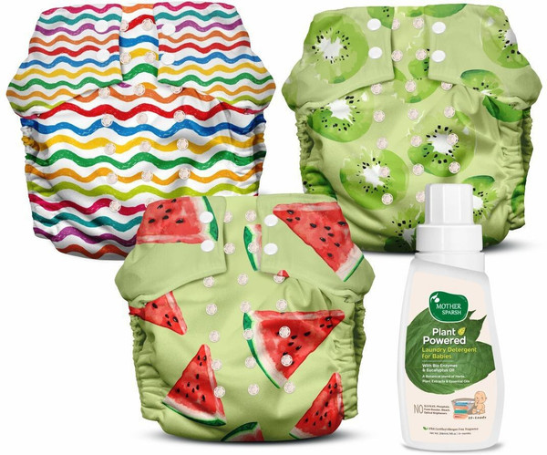 Mother Sparsh Nappers Pack of 3 Cloth Diaper+Soaker Pads With Baby Detergent 200ml-(MM+KK+RR)