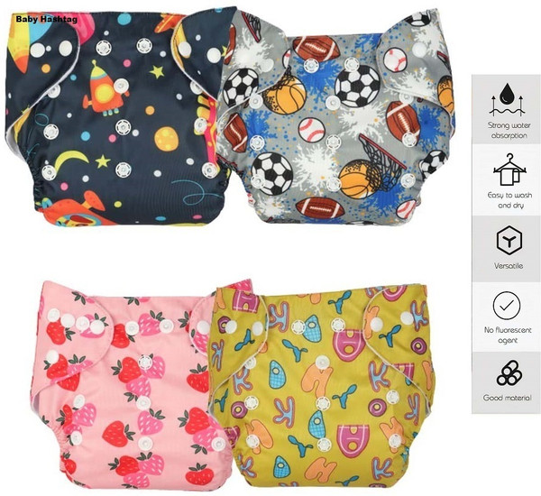 Baby Hashtag Reusable and Washable Cotton Cloth Baby Diapers with Insert Pads(4 Pc)