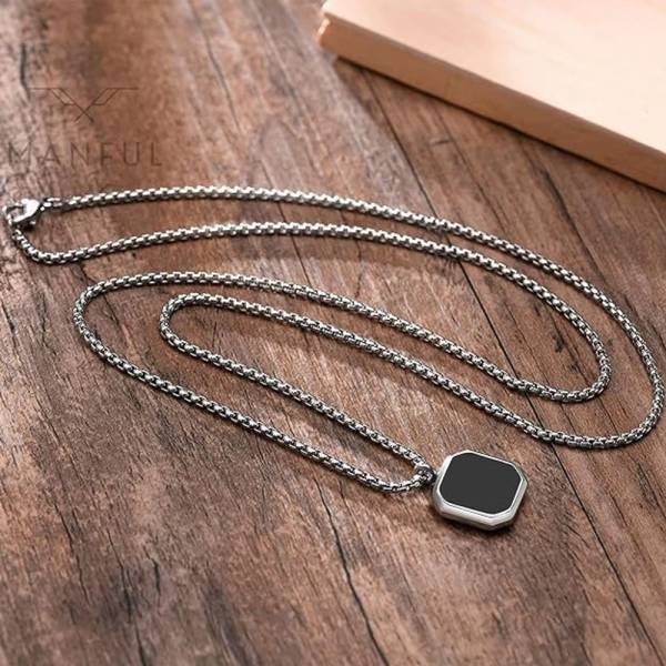 Pine Pearls Black Cubic Bar Pendant Necklace For Mens and Grils Silver Plated Stainless Steel Chain