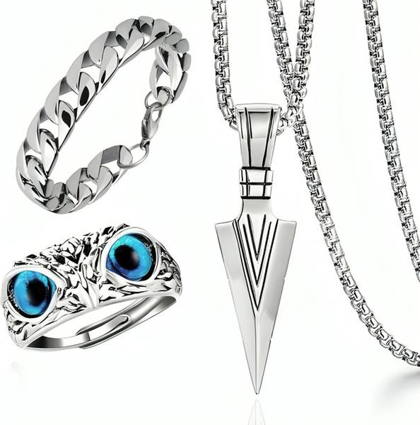 Smykker Fashion Men Arrow Locket & Owl Ring & Silver Bracelets pack of 3 item Silver Plated Stainless Steel Chain