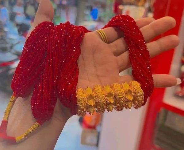 Gorkhastyle PREMIUM NEPALI TRADITIONAL Red Hydro MAILE TILHARI GUARANTEED GOLD PLATED Crystal Gold-plated Plated Brass Layered