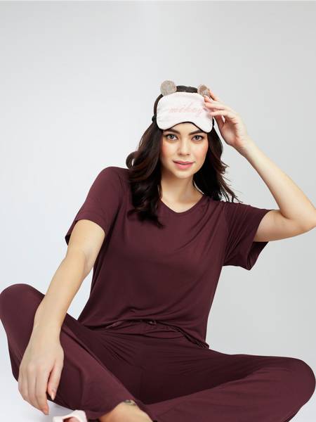 ZEYO Women Solid Brown Top & Pyjama Set