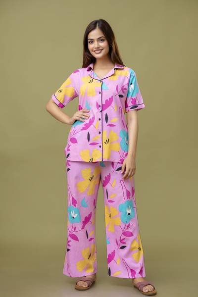 TRINABH Women Printed Pink Shirt & Pyjama set
