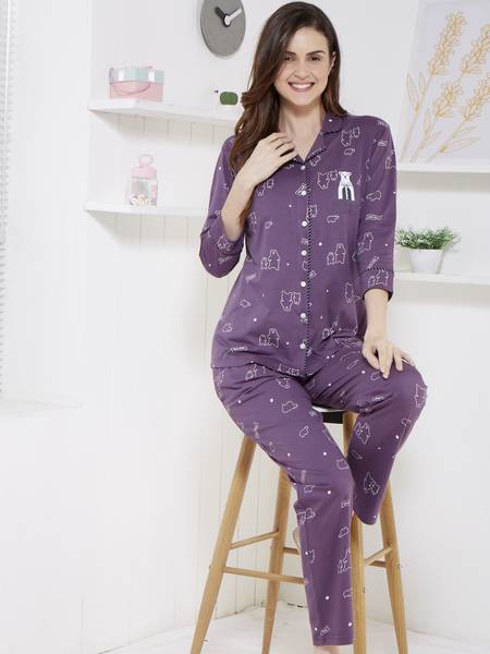 ZEYO Women Animal Print Purple Shirt & Pyjama set