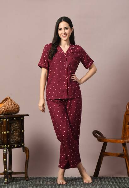 DreamBe Women Printed Maroon Night Suit Set