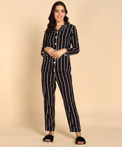 Asami Women Striped Black Night Suit Set