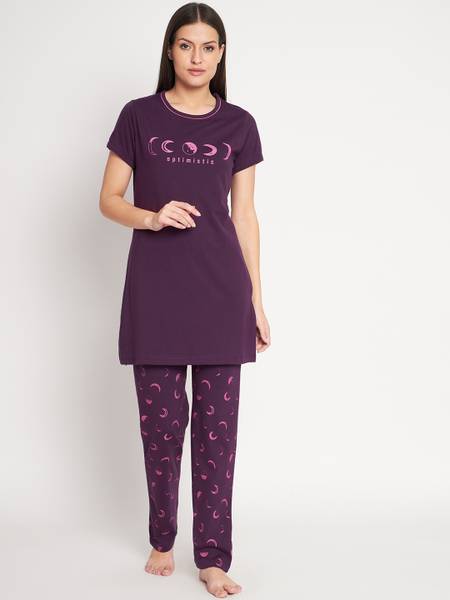 Looper Women Printed Purple Top & Pyjama Set