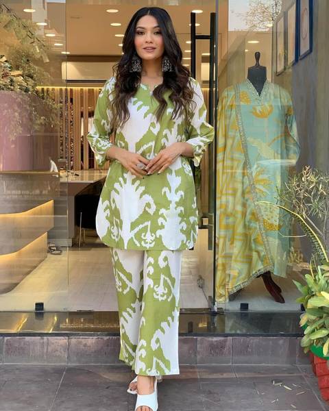 Women Floral Print Green Night Suit Set