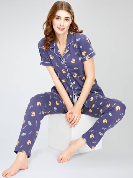 ZEYO Women Graphic Print Blue Shirt & Pyjama set