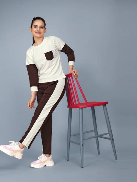 Hercill Women Colorblock Brown, White Night Suit Set