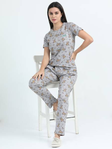 JILZ Women Printed Grey Top & Pyjama Set