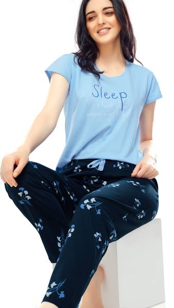 ZEYO Women Printed Blue Top & Pyjama Set