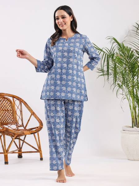 Sanskrutihomes Women Printed Blue Night Suit Set