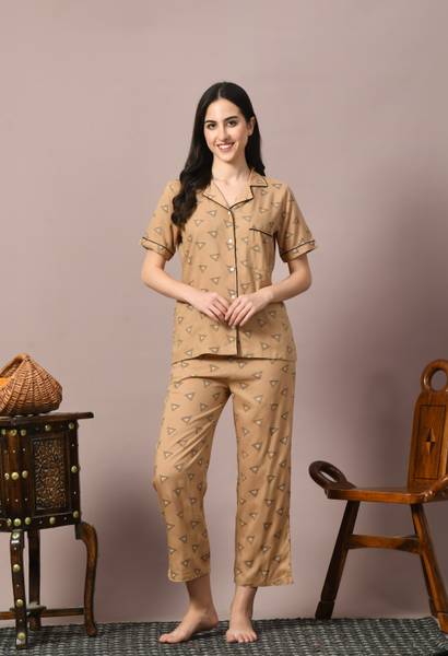 DreamBe Women Printed Brown Night Suit Set