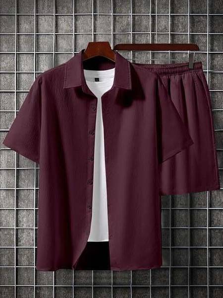 HEERJI Men Solid Maroon Night Suit Set