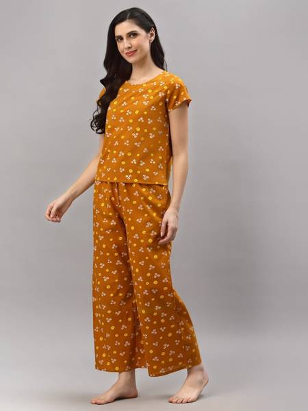AKIKO Women Printed Yellow Top & Pyjama Set