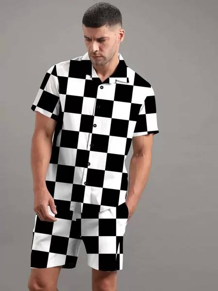 MUMIN Men Printed Black, White Shirt & Pyjama set