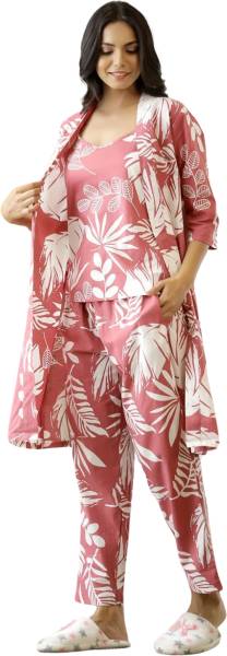 Pimu Women Printed Pink, Beige Night Suit Set