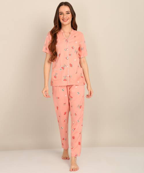 Asami Women Printed Pink Night Suit Set