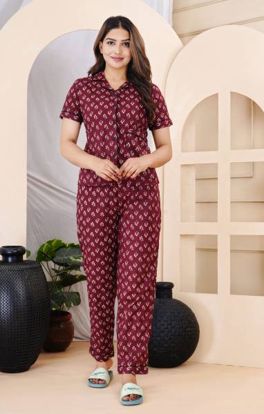 MK ART WITH DEVICE Women Printed Maroon Night Suit Set