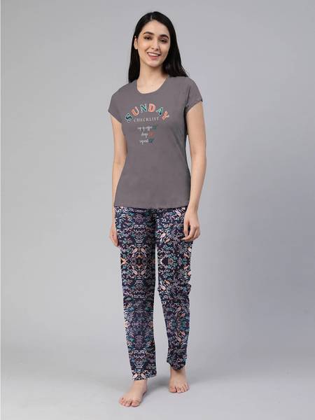 Lyra Women Printed Grey Top & Pyjama Set