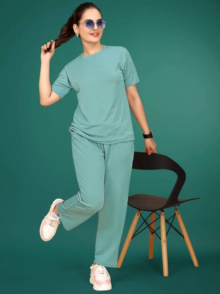 SAKARMAA Women Solid Light Blue Top & Pyjama Set