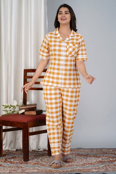 Ameerah Women Checkered Yellow Shirt & Pyjama set